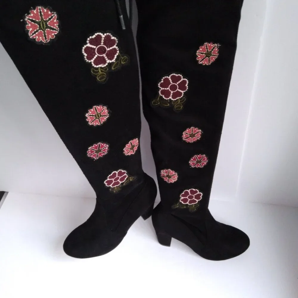 Chinese Laundry 'Briella' Black ThighHigh Suede Boots Floral Embroidery NWOB Sz6